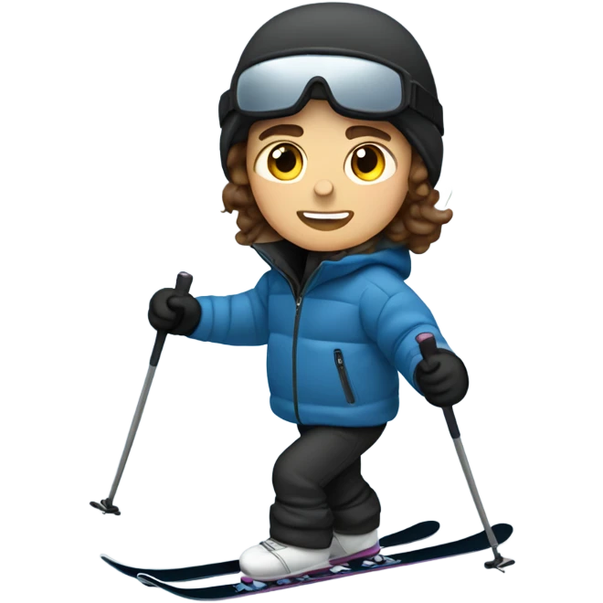 1 white Boy with wavy brown hair skiing with blue skis. He is wearing all black snow pants and a gray jacket   emoji