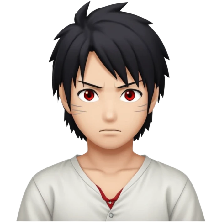 Sasuke Uchiha. White low cut shirt, dark hair, Sasuke hair, red eyes emoji