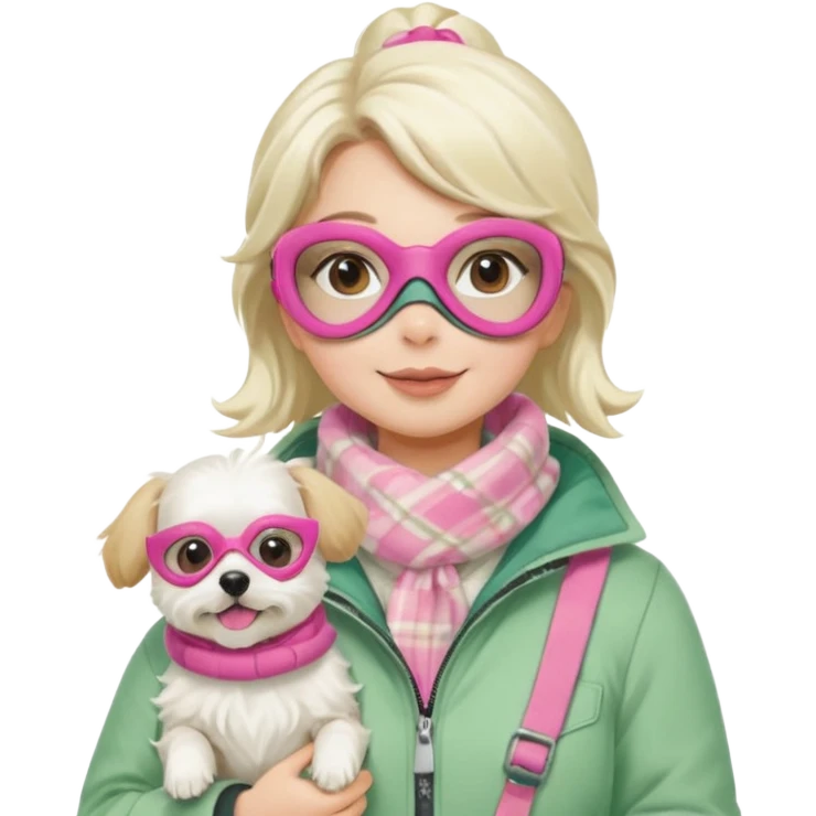 female character in cozy winter outfit, soft pastel green jacket, beige plaid scarf, snorkel mask with pink detailing, holding cute white Maltese dog, happy expression, bright and clear, Apple emoji style emoji