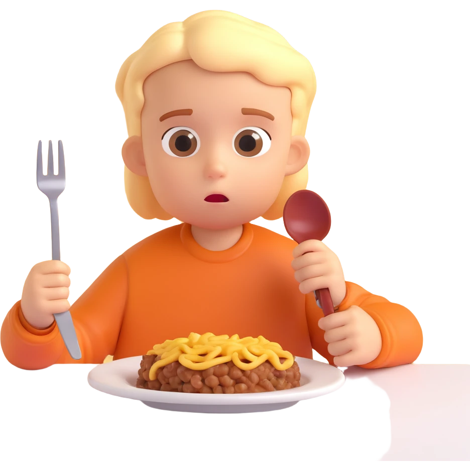 A stylized 3D character of a 6-year-old child sits at a table, looking bored at a plate of macaroni and a meat patty, absentmindedly poking the macaroni with a fork. emoji