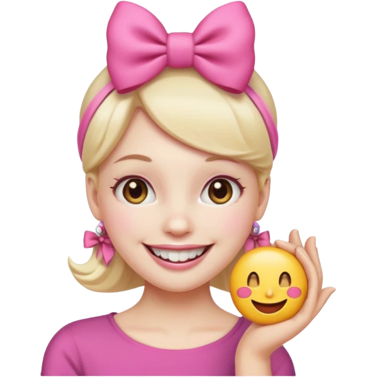smiling emoji with a pink bow on head and hand placed on the teeth emoji