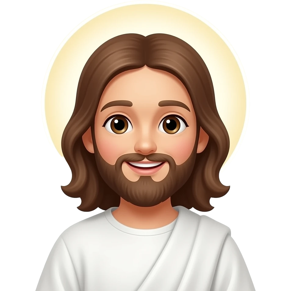 cute Jesus emoji, halo, white robe, soft glow, kind smile, minimal, clean, centered, transparent background emoji