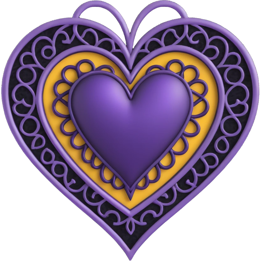 gothic heart, deep purple satin texture, silver filigree, black lace trim, moody and elegant style, faint purple glow emoji