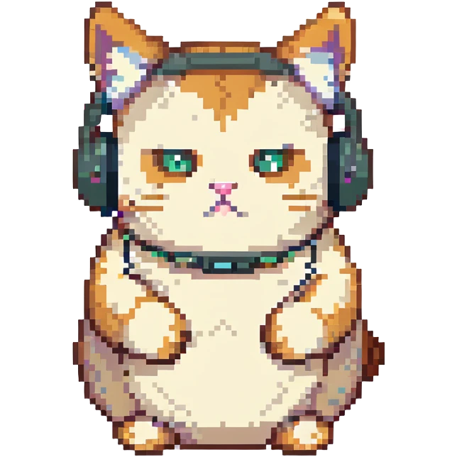 a chubby cat with headphones over its ears, pixel art style emoji