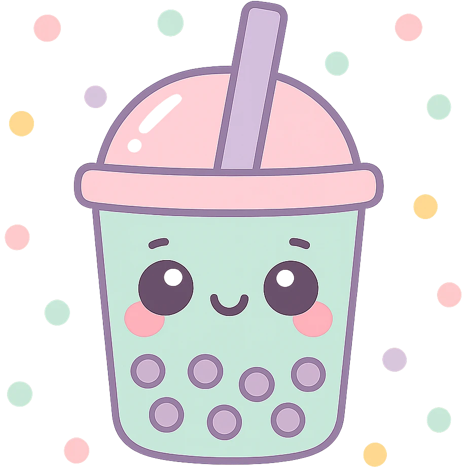 kawaii style boba tea, adorable face on the cup, pastel background, blushing cheeks, playful and cute emoji