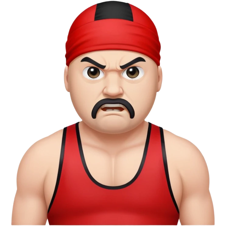 White skin fat guy with prominent black durag, shaved beard stubble, black eyes in a red and black wrestling singlet with angry face emoji