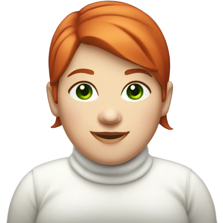 smiling red short haired chubby female with green eyes dressed in white turtleneck emoji