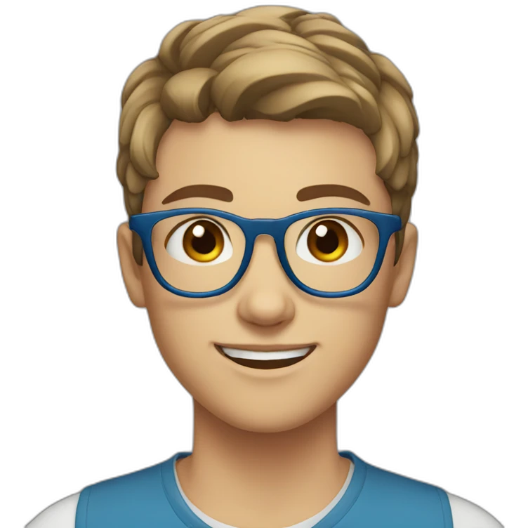 Teenager with brown short hair , transparent glasses, blue eyes emoji