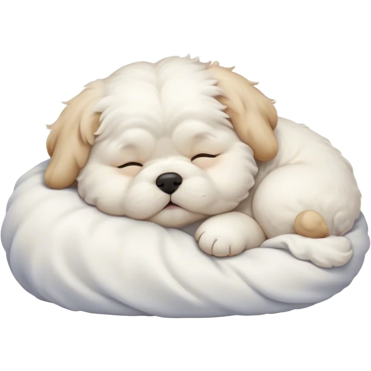 Cinematic Chubby Sleeping Wavy-Haired Maltese dog Portrait Emoji, Chubby and serene, with a round, adorable build and a soft, wavy-haired white coat, eyes gently closed in peaceful slumber, Simplified yet irresistibly endearing features, highly detailed, glowing with a gentle, dreamy glow, high shine, relaxed and content, stylized with a touch of whimsy, bright and heartwarming, soft glowing outline, capturing the essence of a blissfully sleepy companion, so comically serene it feels like it could roll out of the screen and snore with adorable charm! emoji