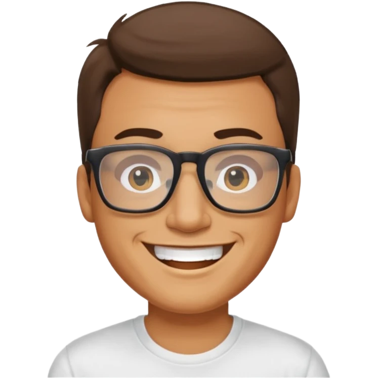 portrait of adult man, wearing a t-shirt, square glasses, grinning face emoji