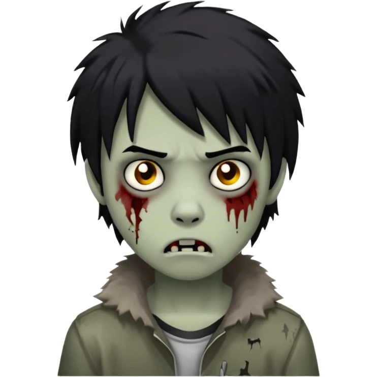 Boy, zombie, black hair, medium long,wolf cut, emo, shaggy, dark, spooky, creepy expression,sad emoji