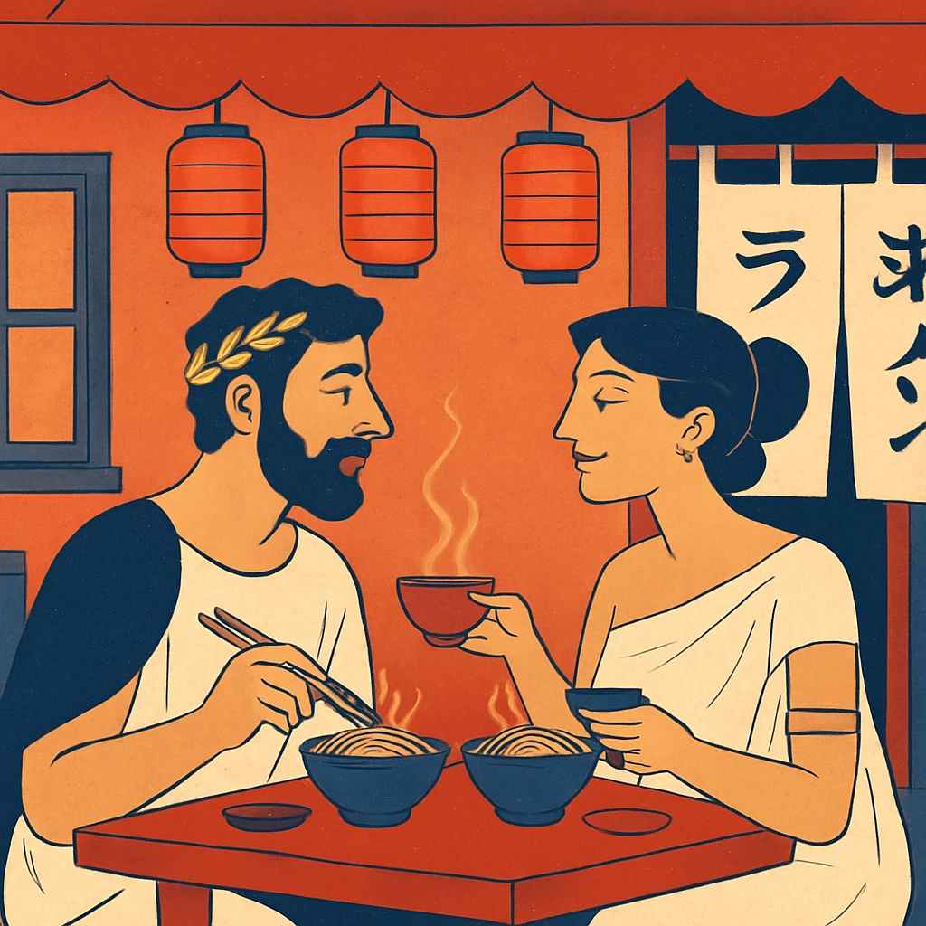 roman style illustration of couple dining in Japanese street cafe
 emoji