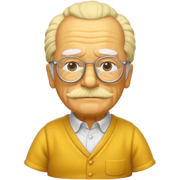 A 3D cartoon close-up of Grandpa Abe Simpson from The Simpsons, rendered in Memoji-style with bald yellow head, white tufts of hair on the sides, wrinkled face, glasses, and warm lighting. Match the Simpsons family color tone and style, yellow dress. emoji