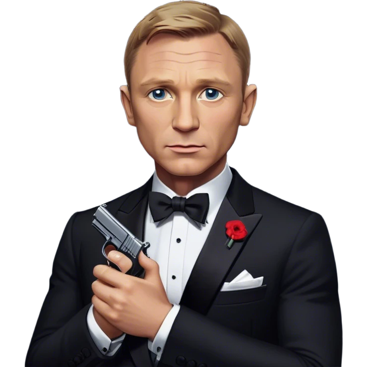 Cinematic Realistic James Bond Daniel Craig Portrait Emoji, depicted as the ultimate suave and enigmatic secret agent, donning a sharply tailored tuxedo, gripping a sleek handgun, with a piercing gaze that exudes confidence and danger. The scene is infused with moody, high-contrast cinematic lighting, evoking the thrilling world of espionage and intrigue. emoji