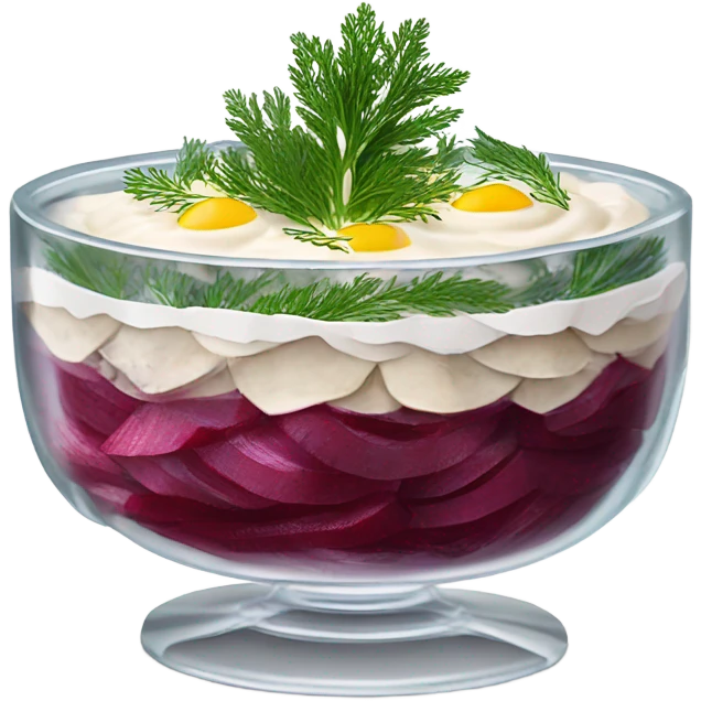 Shuba russian Layered Beet dish  with Herring and mayonnaise in Crystal bowl, dill on top  emoji