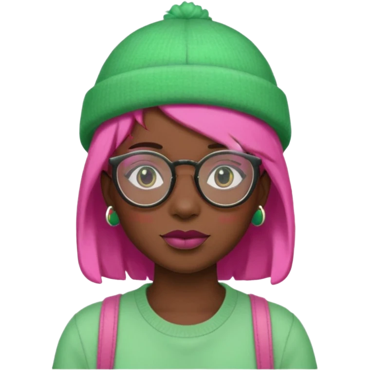 fully black dog, green haired, glassess and a pink hat emoji