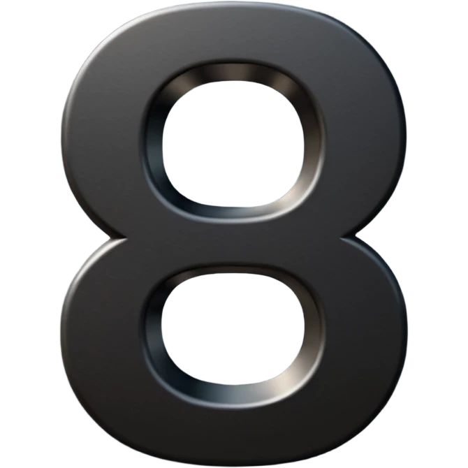 Minimal emoji, number 8 made of solid matte black metal, thick symmetrical form, subtle metal texture, deep shadows, no glow, no neon, flat emoji design, centered, transparent background emoji