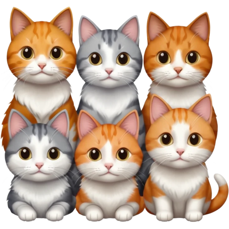 6 cats with different coloured coats, 2 are grey and white, 1 is grey with a little white, 1 calico, 1 brown tabby and white and one ginger and white emoji