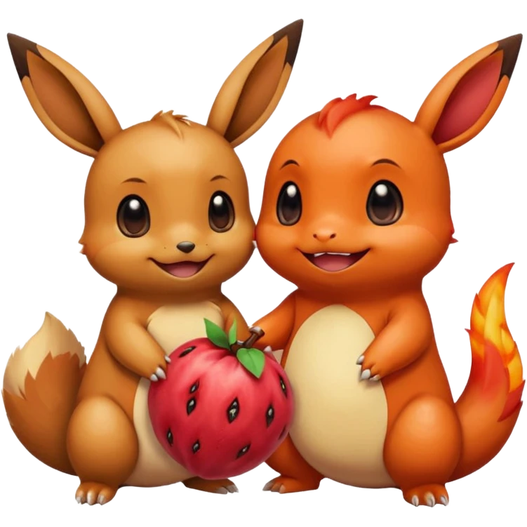 Eevee and Charmander sitting side by side, happily sharing a big fruit together. Both look joyful and friendly, drawn in a playful emoji-like cartoon style. emoji