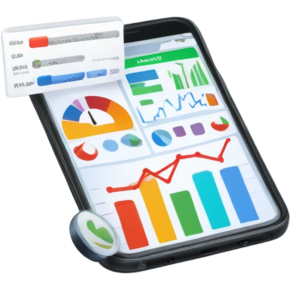 smartphone showing a website dashboard with charts emoji