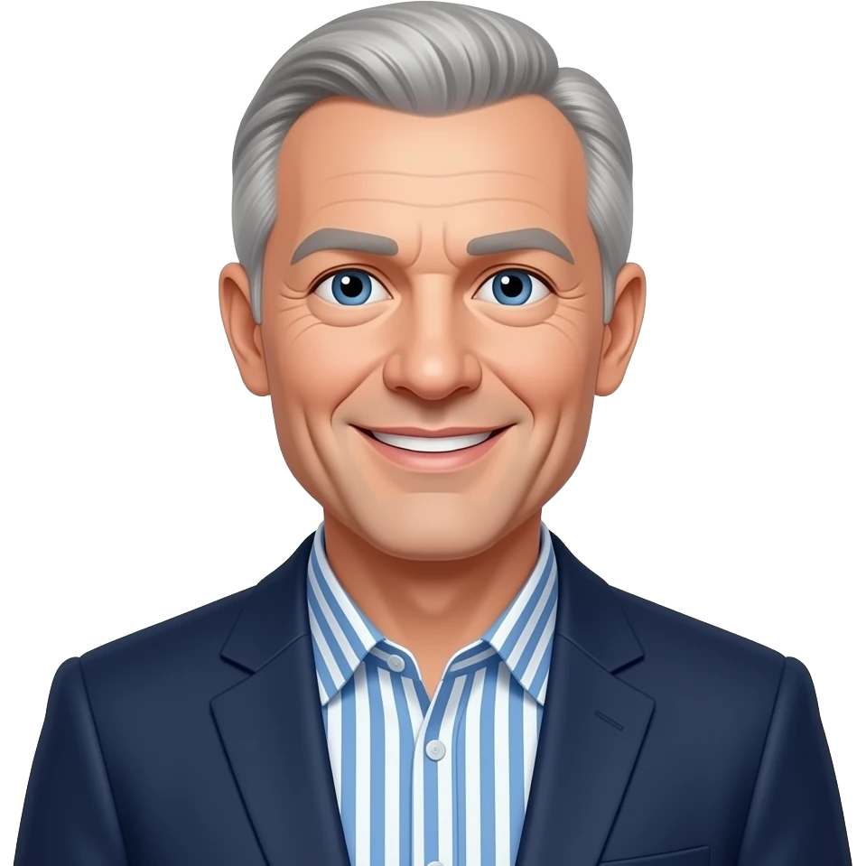 DJR - man, friendly smile, mid 70's, blue eyes, slim face, blue and white vertical striped button up shirt, thin grey hair, balding crown of head, comb over, dark blue blazer emoji