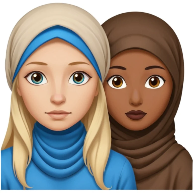 white girl with long blonde hair, blue eyes, tattoos, a septum nose piercing, and a dark skinned woman in a hijab with brown eyes emoji