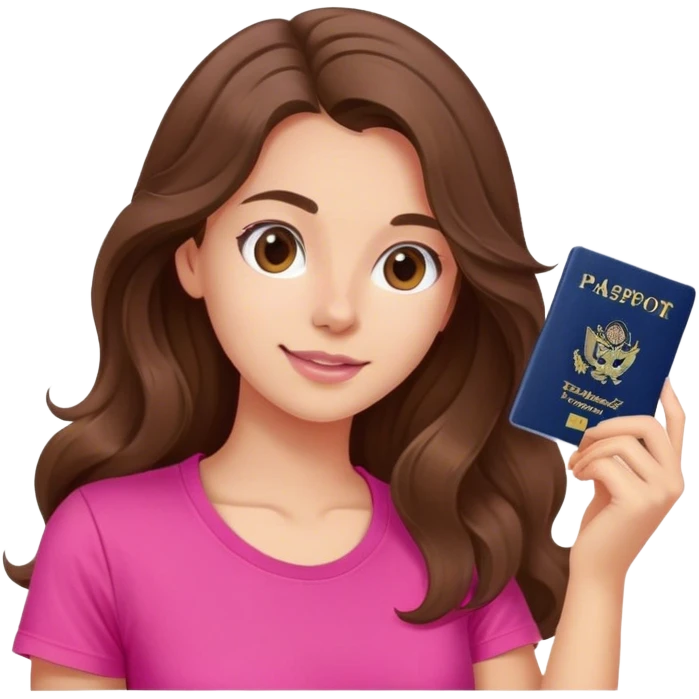 A young woman with long, wavy brown hair She is wearing a vibrant pink t-shirt. She is making photo for the passport emoji