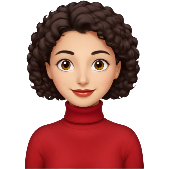 30 yr iranian woman dark brown hair curly wavy short hair, red turtle neck sweater, very thick eyebrows, light skin emoji