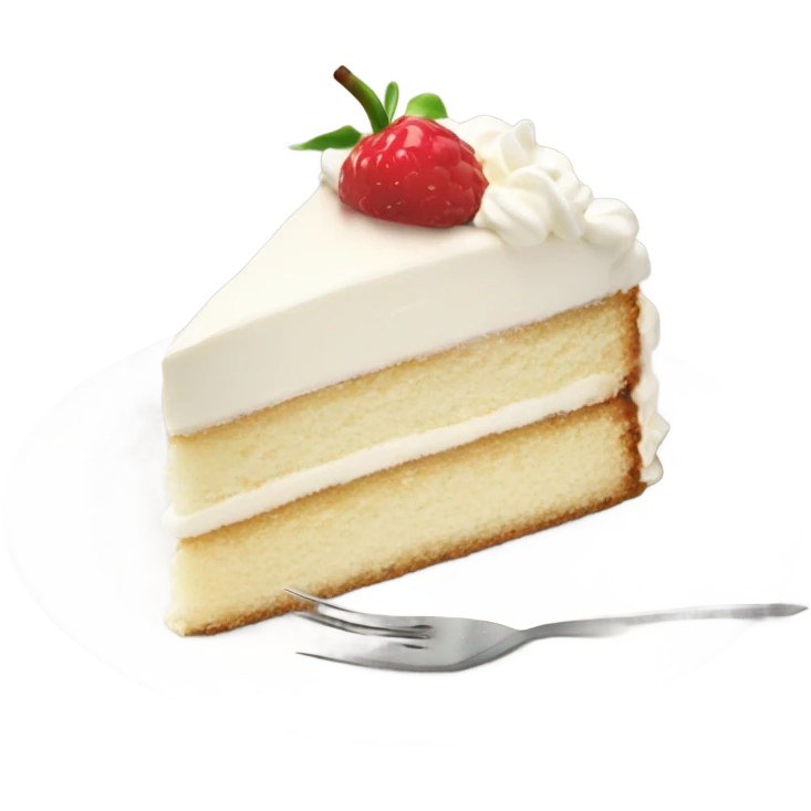 Slice cake vanilla with whipcream at top and at plate and fork emoji