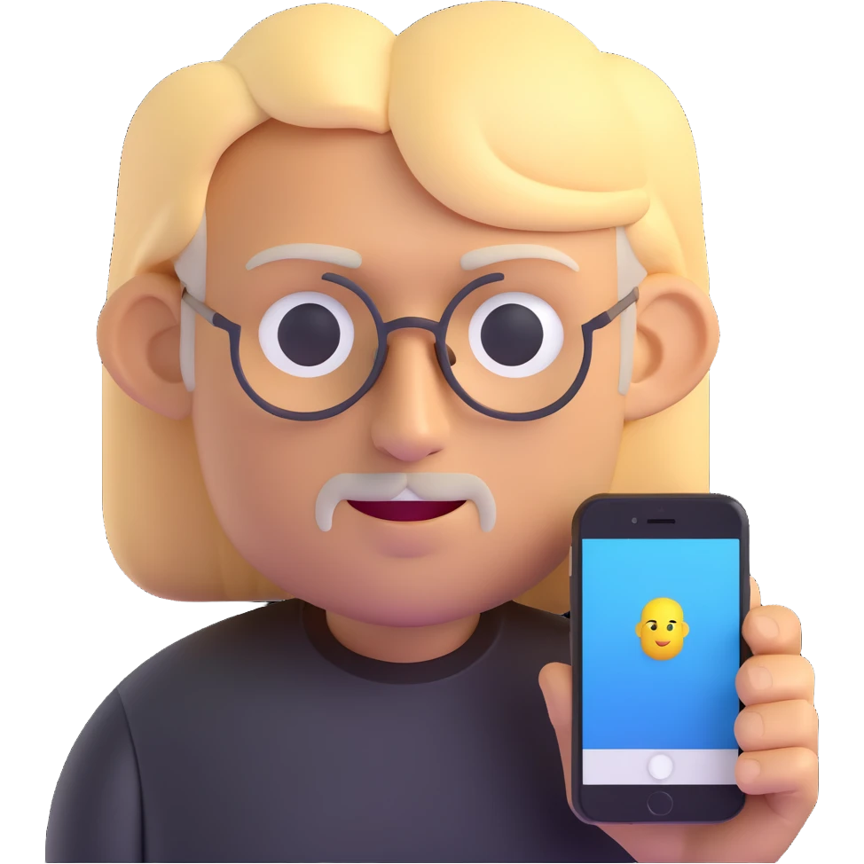 Steve Jobs with blonde hair and a nifty shirt, 3D emoji style emoji