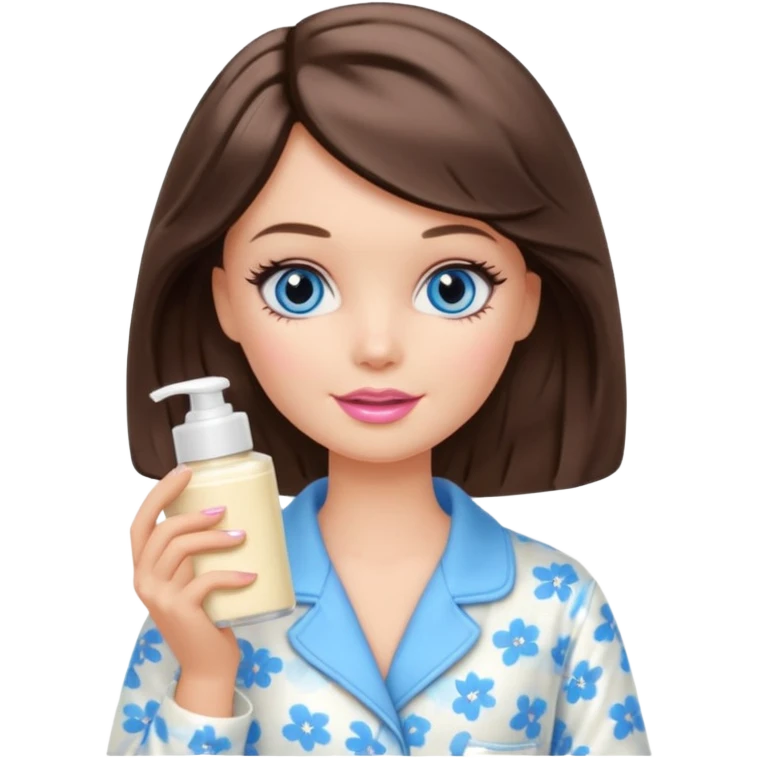 Barbie girl with makeup, blue eyes , and bob long haircut wavy, short brown hair in creamy color pajamas, face cream in hand emoji