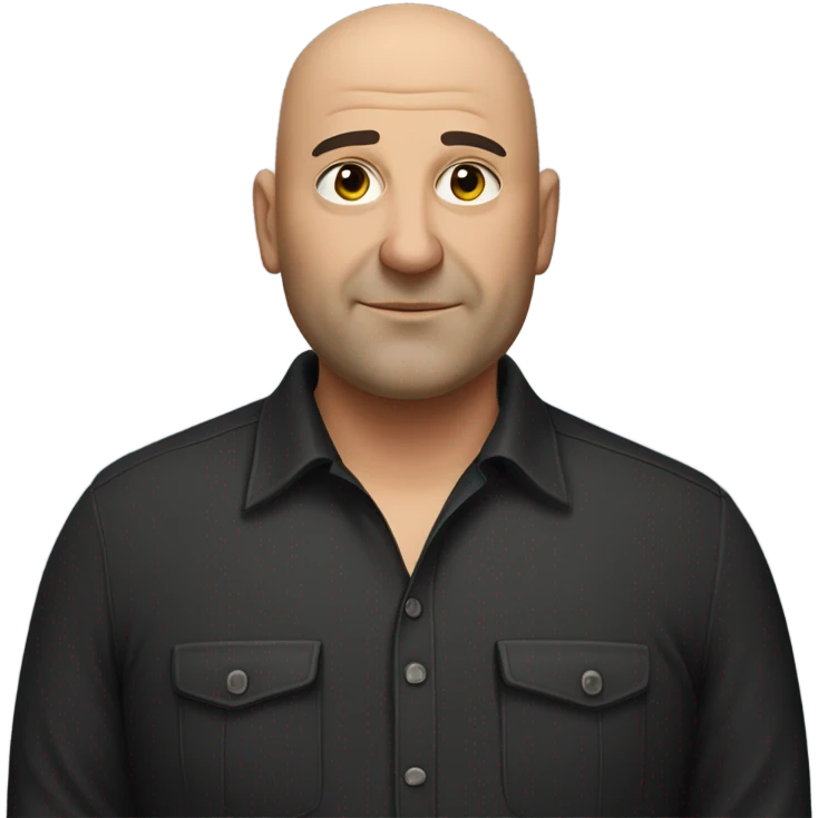 A slightly overweight middle-aged Italian man with olive-toned skin with bald hair and no facial hair. He is wearing a sleek black smart shirt, casually unbuttoned at the top. emoji
