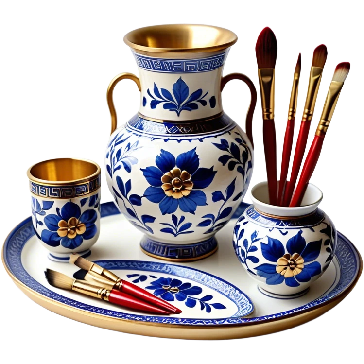 Metal painting icon, a metal vase, tray and one metal cup with 3 brushes, each decorated with different techniques: Gzhel-style blue floral patterns, Chinese red and gold designs, and intricate Golden embroidery-style details. Visible fine paintbrush, paint pots, and accessories like porcelain palette, minimalistic style, clean lines, transparent background. emoji
