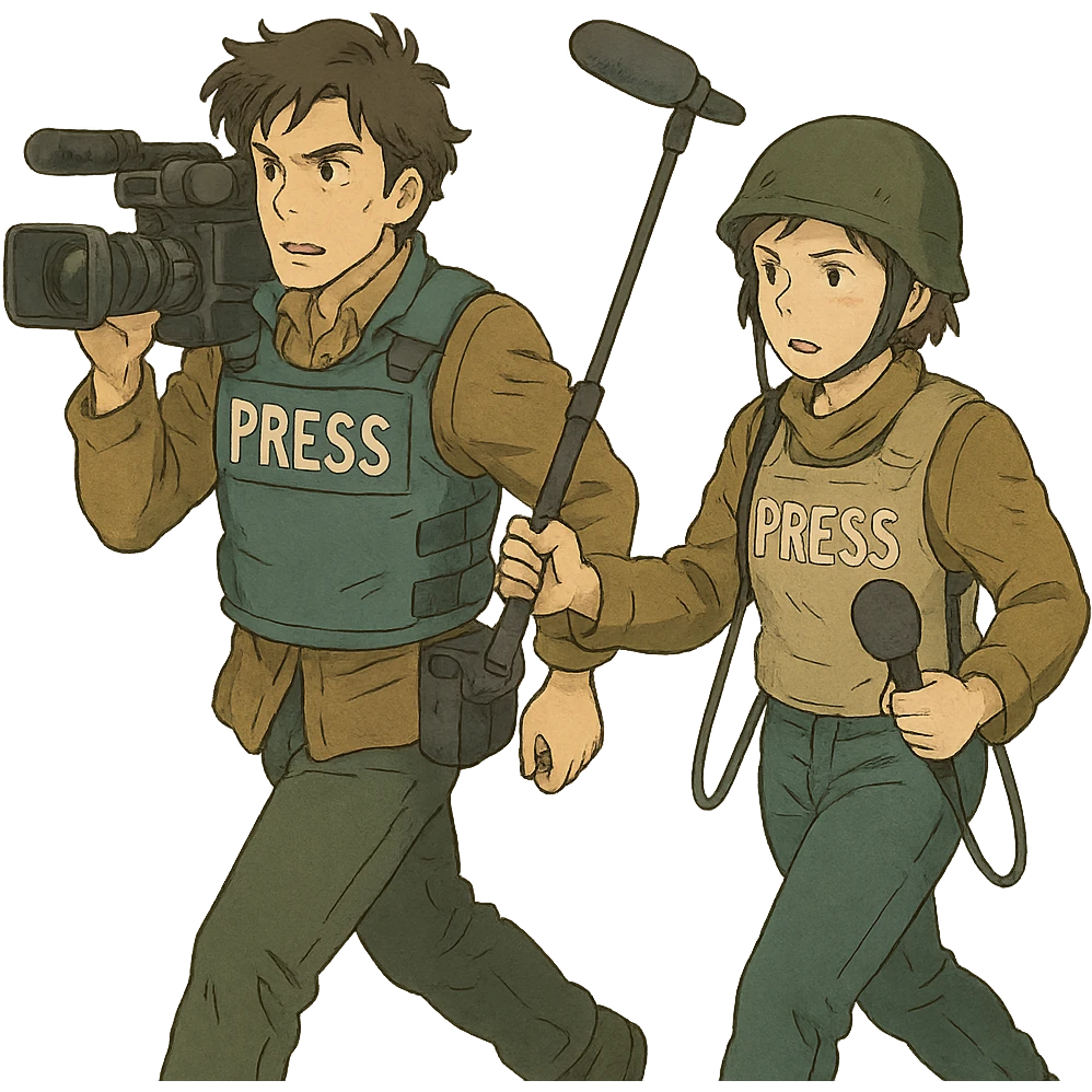  walking from left to right across frame: a cameraman, and a microphone operator, ONLY two people, war correspondents, tense moment emoji