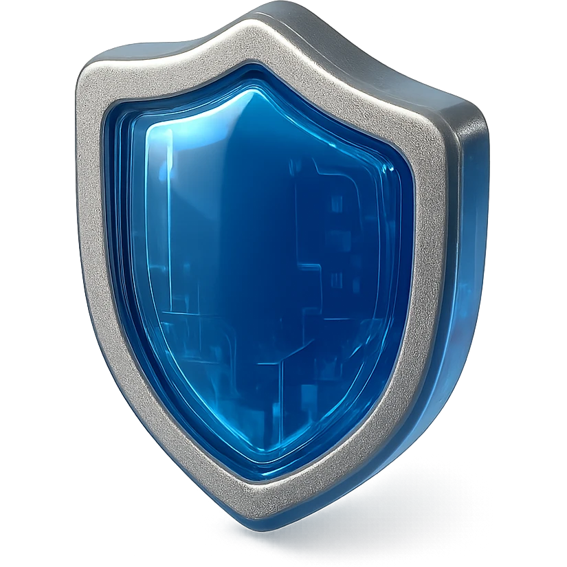 shield facing exactly straight forward, simplified design, deep rich blue glass-glossy center with no texture, metallic border, no point at the top, no symbols, no sword emoji