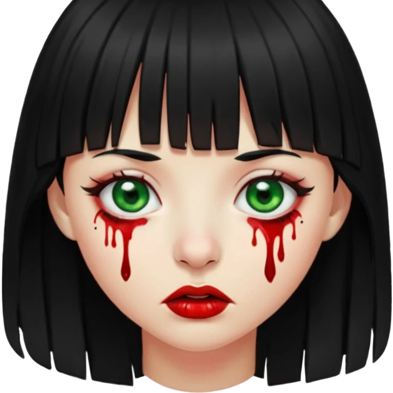 Guria com cabelo preto franjinha sangrando olhos verdes  fundo preto e um piercing bridgepiercing emoji