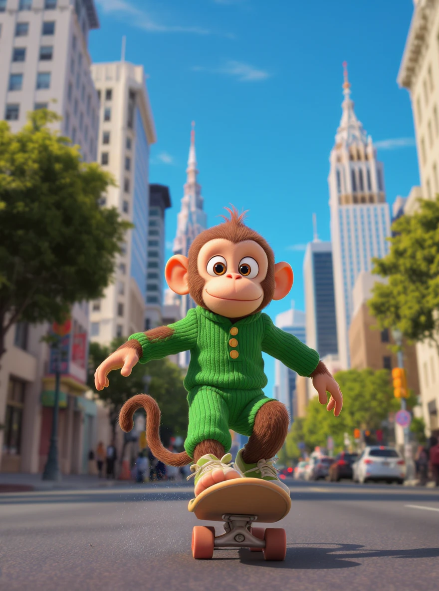 Disney style Cinematic still scane, Low angle shot, monkey dress in green outfit, monkey ride on skateboard, san francisno downtown with city lanscape, blue clean sky, captured by ARRI Alexa XT, soft cinematic lightning, back light, inspired by ToyStory 4 emoji