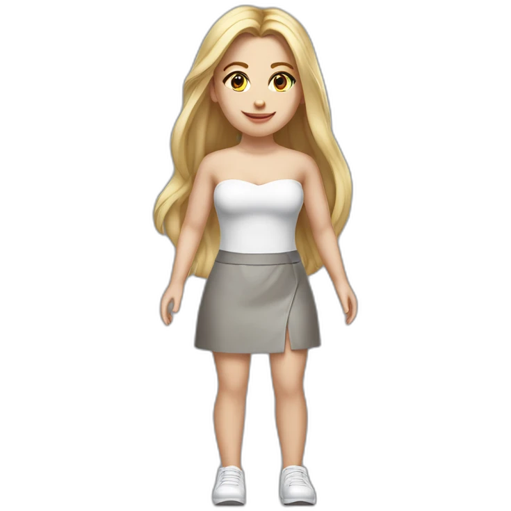 hyperrealistic caucasian long blonde hair brown eyes woman white v-neck strapless top gray tight mini skirt walking towards camera emoji