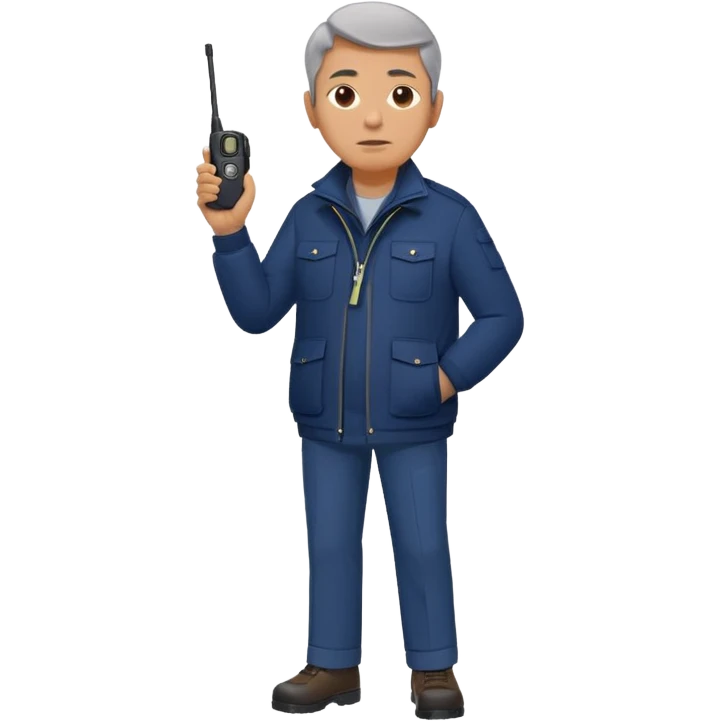 Security, Middle-aged, wearing navy blue jacket, serious facial expression, holding walkie-talkie, full body emoji