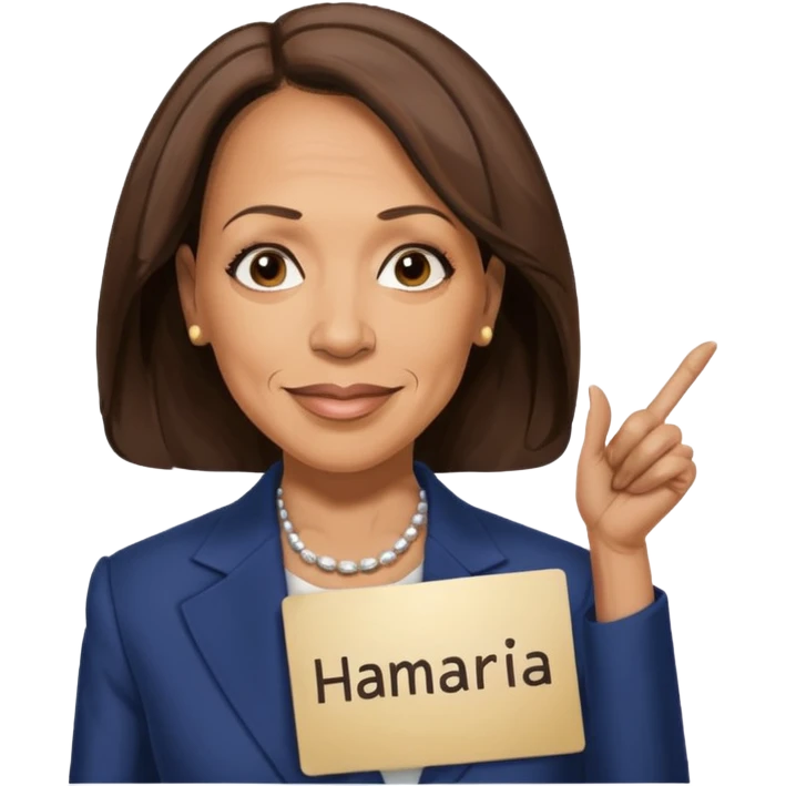 Kamala Harris but she bald and has a sign that says “Kamala hairless” emoji