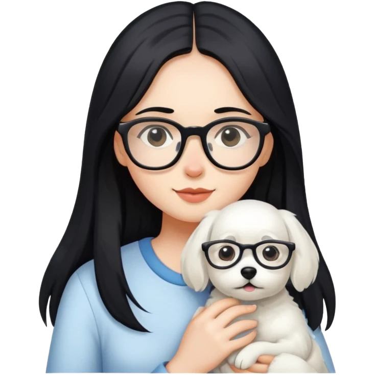 A girl with long black hair and glasses holding a white dog emoji