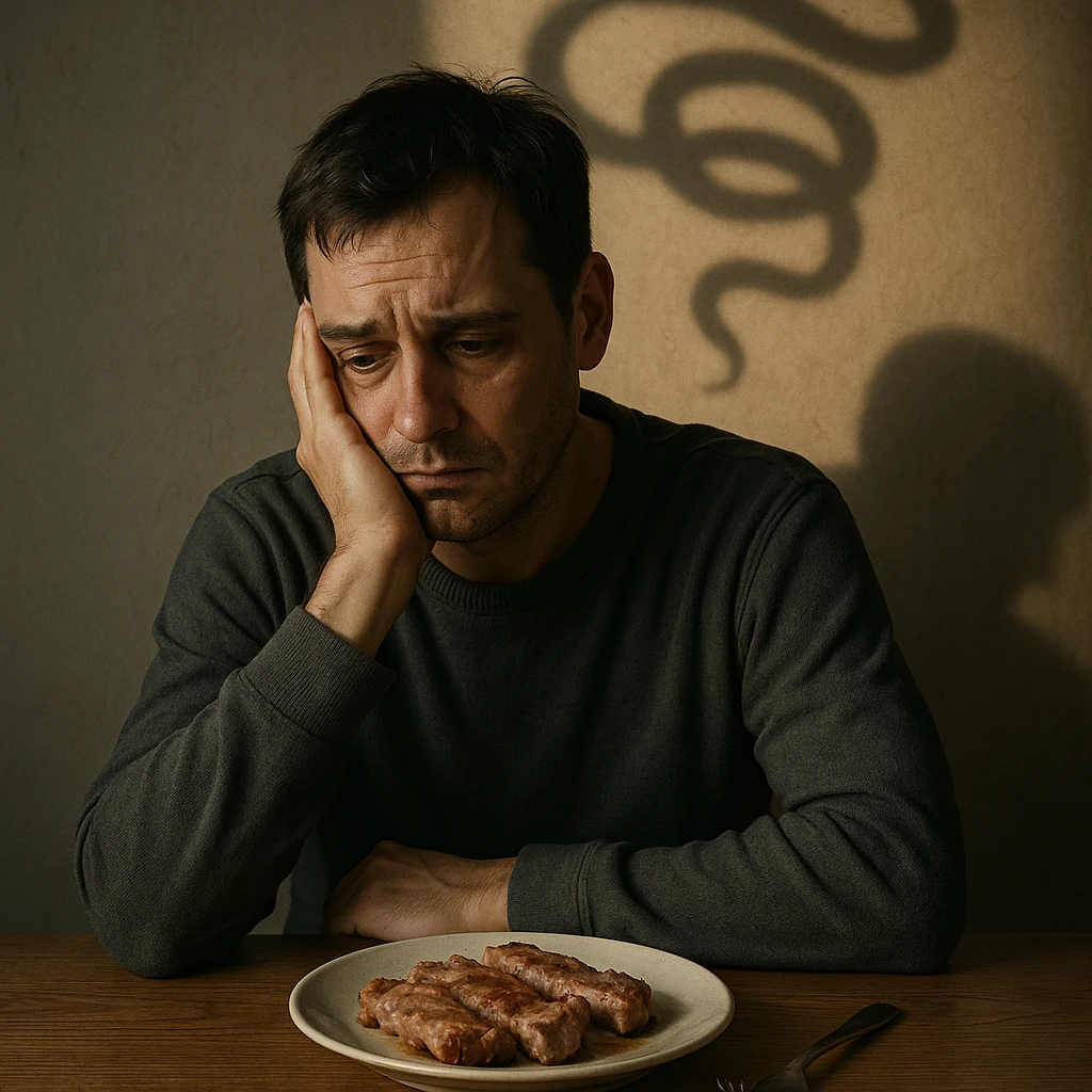 realistic scene: man with depressed expression sitting at table, plate of pork meat in front, shadow of a tapeworm wrapped around head, psychological atmosphere, 4K quality emoji