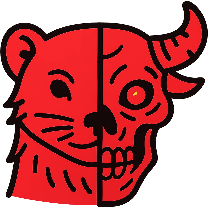 a red icon showing the left half of a stoat face with detailed fur lines merged directly with the right half of a minotaur skull with intricate bone texture, broken horn, and a glowing eye in the eye socket, minimalist design but with high-detail line art, everything in red emoji