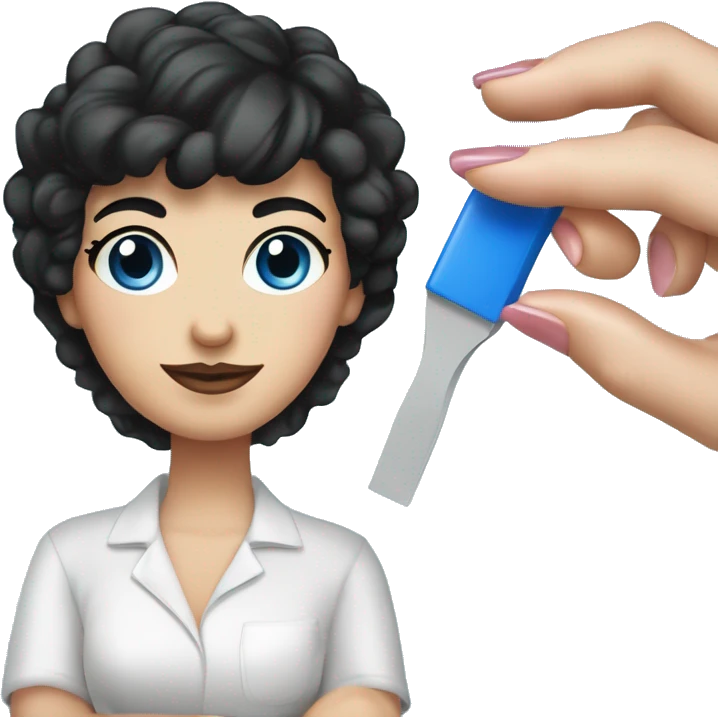 manicure master with a square of black hair,white skin,blue eyes in the hands of a nail file and nail polish emoji