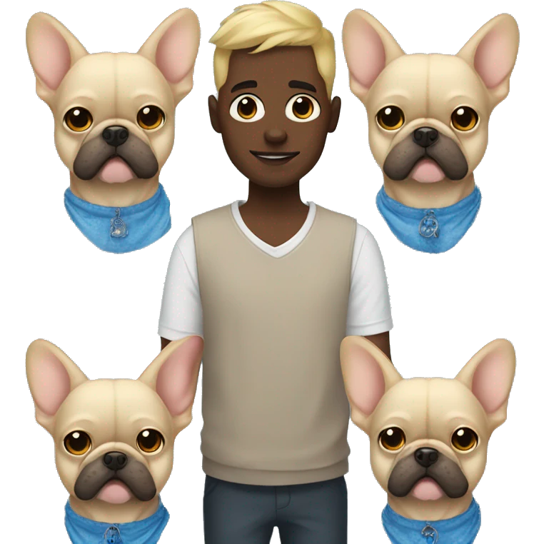 Man with blue eyes holding a blonde frenchie and a fluffy dark one  emoji