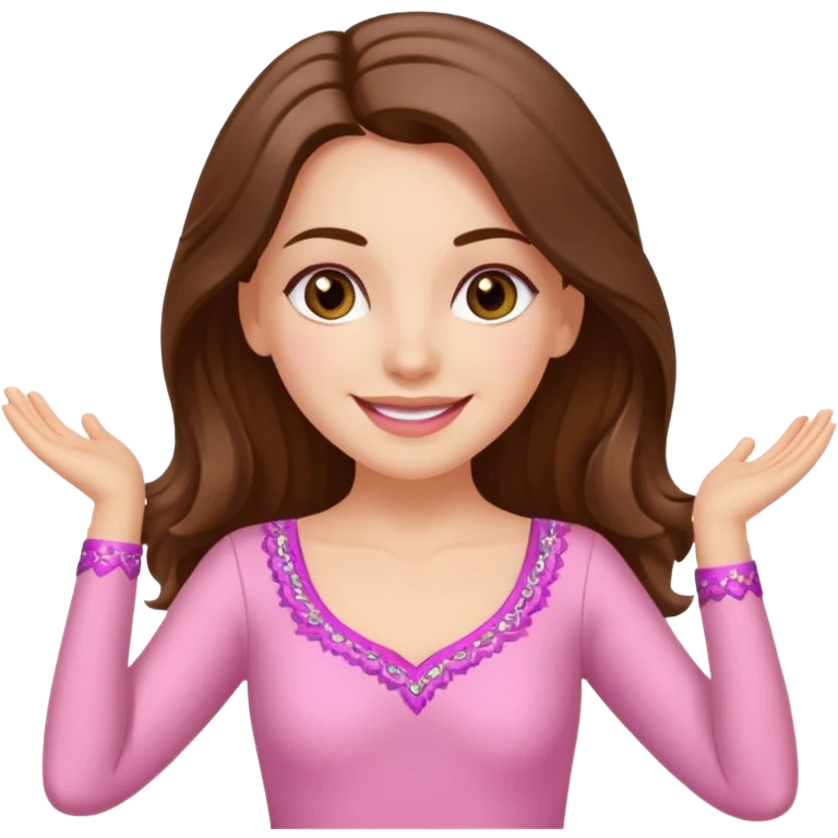 happy white long brunette hair girl with hazel eyes in light pink salsa dancing emoji