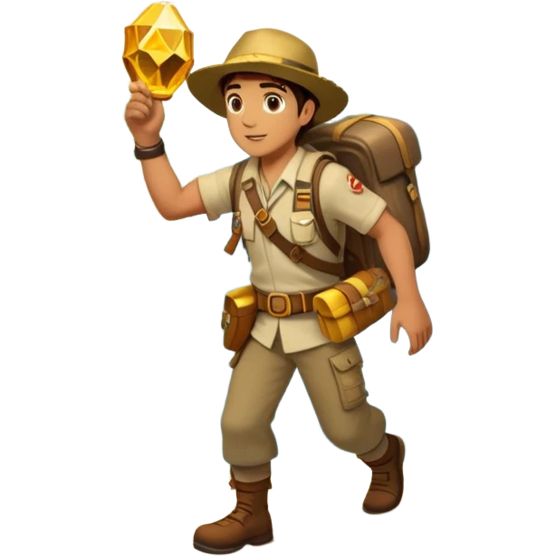 an adventure game, inspired by Uncharted-2. The design features a rugged explorer navigating through ancient ruins, with treasure and obstacles in the background. A dynamic environment with jungle, cliffs, and puzzles highlights the thrill of discovery and action. Transparent background. emoji