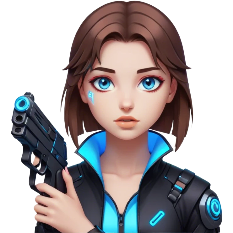 Neon cyberpunk style 
girl with brown hair and blue eyes 
shoots emoji