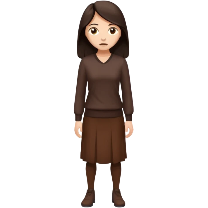=Cartoon emoji of a woman with long, loose dark hair, wearing chocolate-colored clothes. Full-height, standing, nervous, unsure, worried expression. Slightly hunched, anxious posture. Smooth, simple, stylized emoji