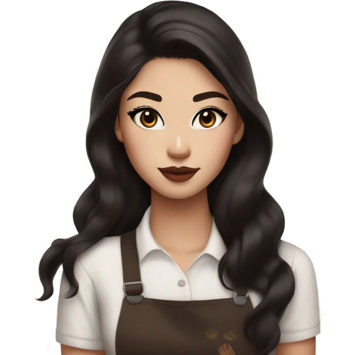 Beautiful half white half asian starbucks barista with long dark brown hair and cat eye makeup and glossy lips and blush emoji